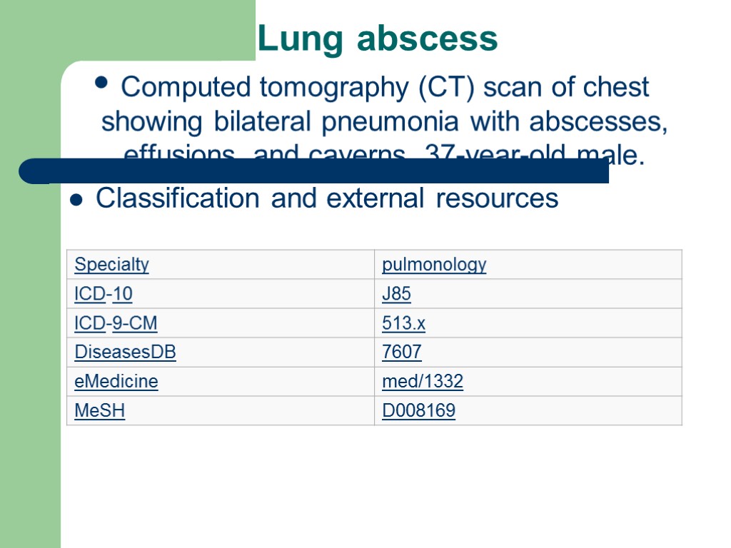 Lung abscess Computed tomography (CT) scan of chest showing bilateral pneumonia with abscesses, effusions,